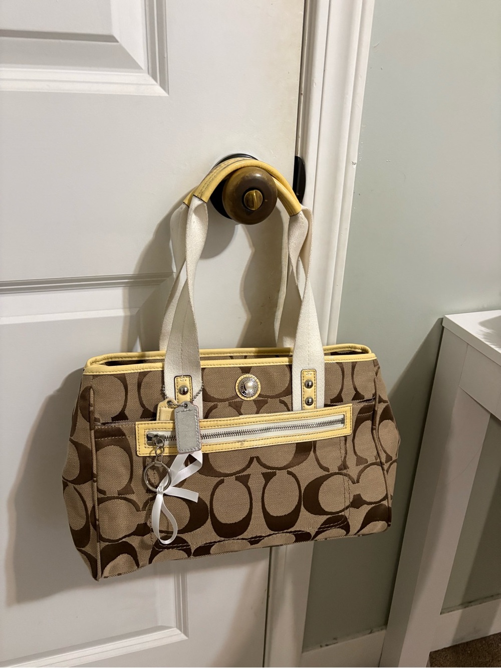 Coach Brown Signature Tote with Yellow Trim and Cream Straps